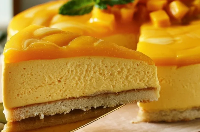 Delicious Mango Mousse Cake topped with fresh mango slices