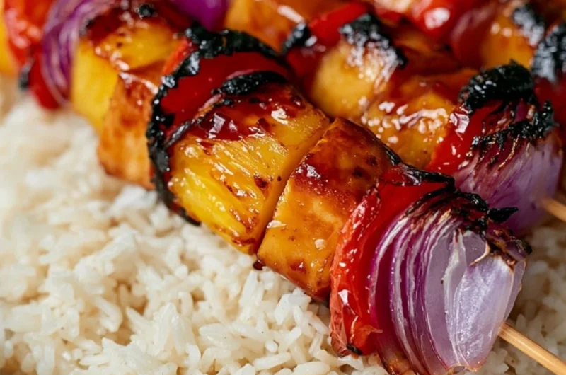 Delicious pineapple chicken kabobs on a grill, perfect for summer meals