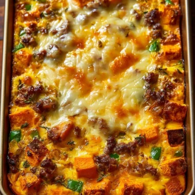 Protein-packed sweet potato egg casserole dish on a wooden table