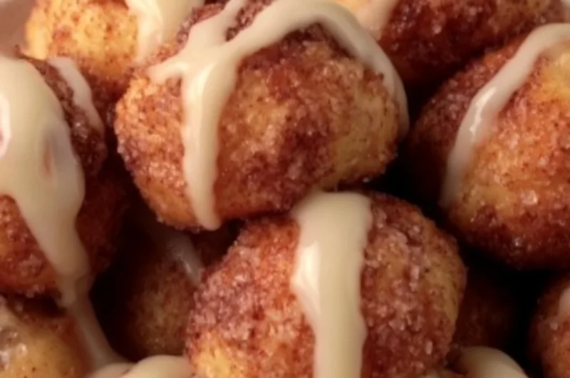 Delicious quick cinnamon roll bites arranged on a plate with icing