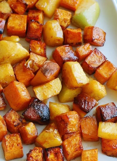Roasted apple cinnamon sweet potatoes served on a plate