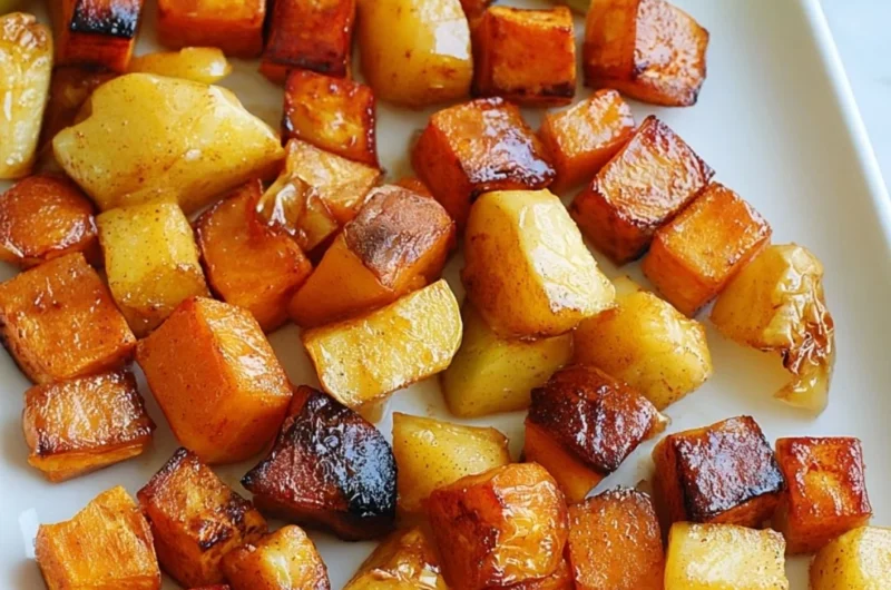 Roasted apple cinnamon sweet potatoes served on a plate