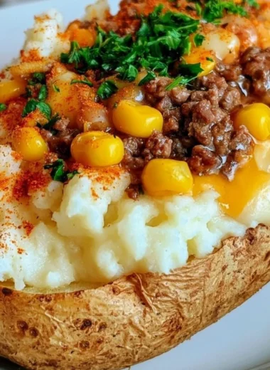 Shepherd's Pie Baked Potato topped with minced meat and mashed potatoes