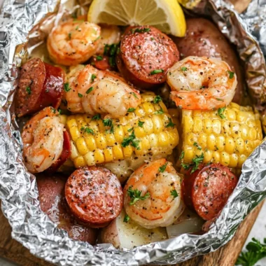 Shrimp boil foil packets with shrimp, potatoes, and corn on a grill