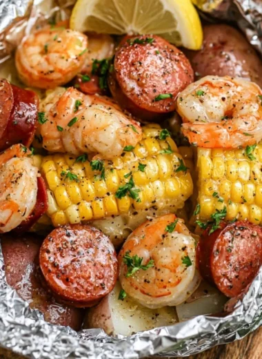 Shrimp boil foil packets with shrimp, potatoes, and corn on a grill