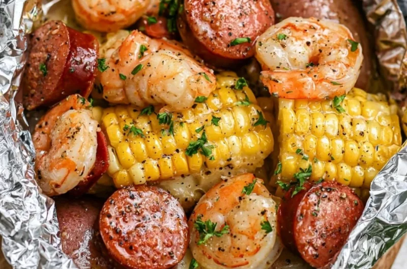 Shrimp boil foil packets with shrimp, potatoes, and corn on a grill