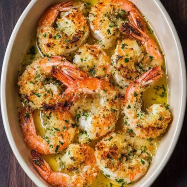 Shrimp Oreganata dish topped with herbs and breadcrumbs, served in a plate