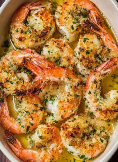 Shrimp Oreganata dish topped with herbs and breadcrumbs, served in a plate