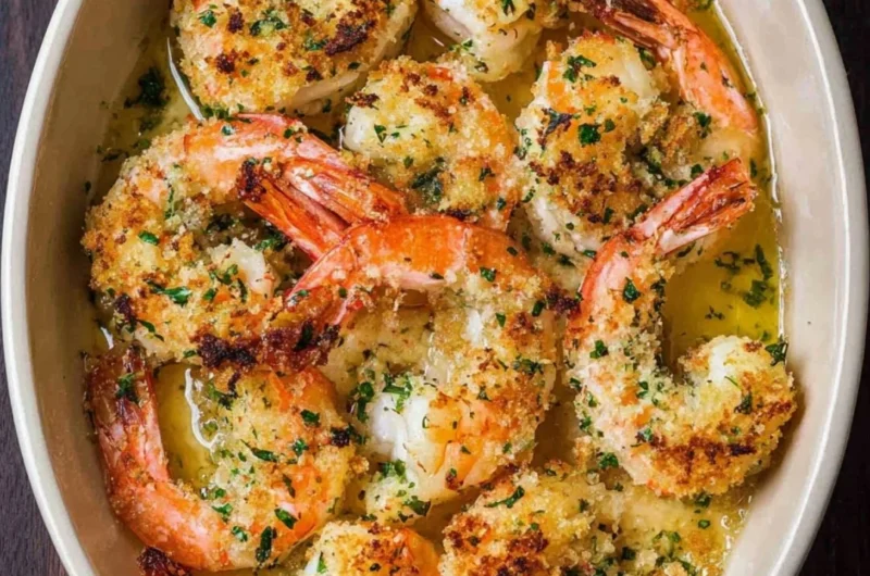 Shrimp Oreganata dish topped with herbs and breadcrumbs, served in a plate