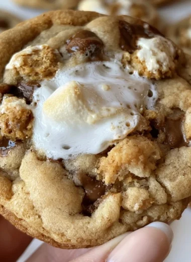 Plate of freshly baked S'MORES cookies with chocolate, marshmallows, and graham crackers