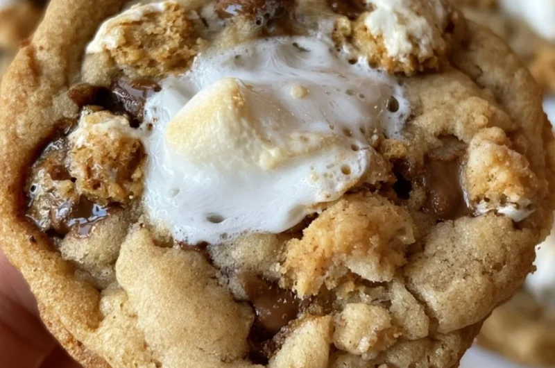 Plate of freshly baked S'MORES cookies with chocolate, marshmallows, and graham crackers