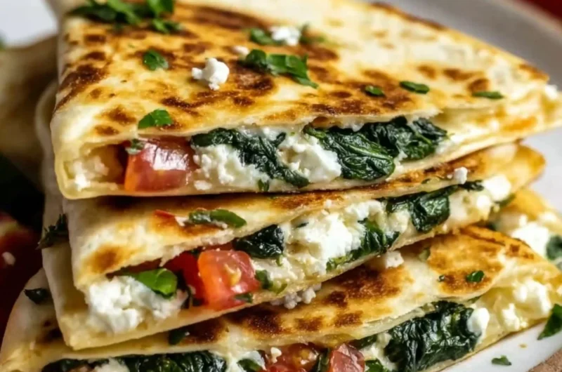 Spinach and feta quesadillas served with salsa and avocado