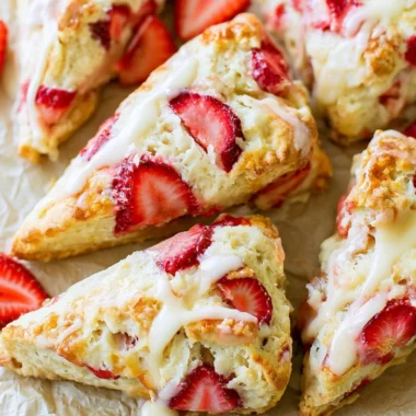 Freshly baked strawberries and cream scones on a decorative plate