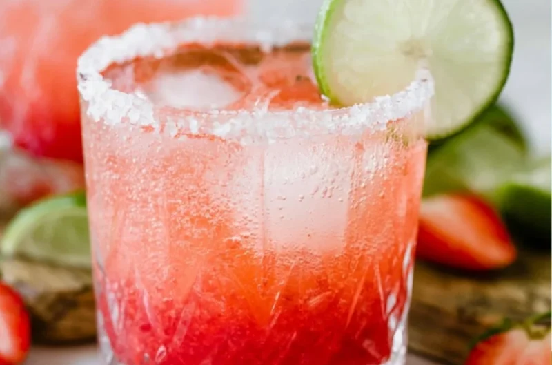 Strawberry Lime Mocktail Margarita served in a glass with fresh strawberries and lime slices.