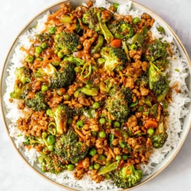 Delicious teriyaki ground turkey stir-fry with broccoli and peas