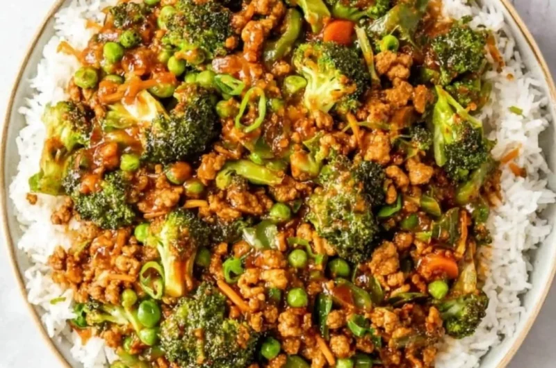 Delicious teriyaki ground turkey stir-fry with broccoli and peas