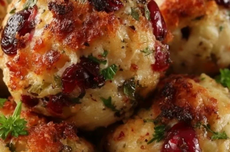 Thanksgiving stuffing balls served in a festive dish