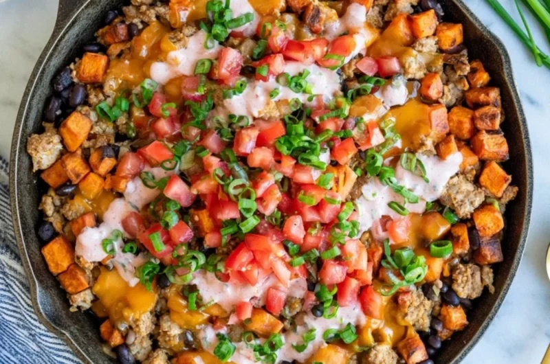 Turkey Sweet Potato Skillet with vegetables in a frying pan