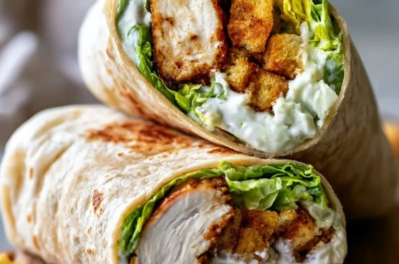 Golden-brown chicken caesar wraps filled with crispy chicken and creamy dressing.