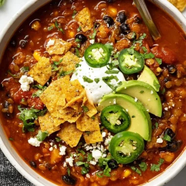 Bowl of Vegan Black Bean & Lentil Chili garnished with herbs