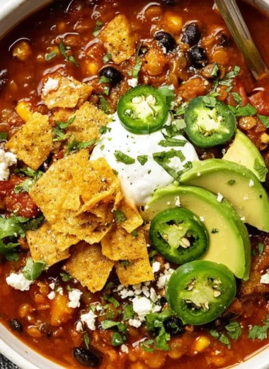 Bowl of Vegan Black Bean & Lentil Chili garnished with herbs