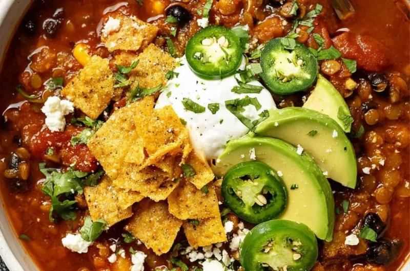 Bowl of Vegan Black Bean & Lentil Chili garnished with herbs
