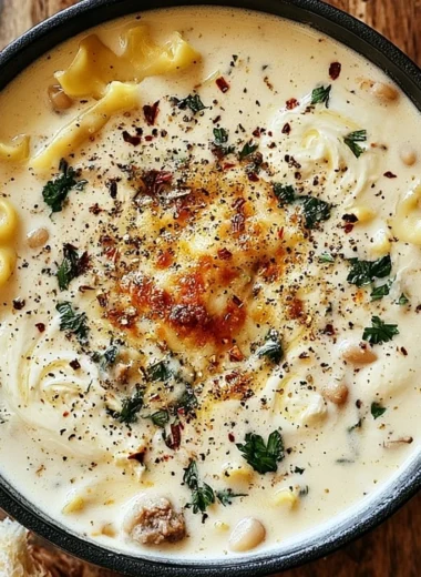 Creamy White Lasagna Soup in a bowl, garnished with herbs and cheese