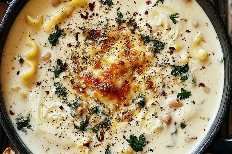 Creamy White Lasagna Soup in a bowl, garnished with herbs and cheese