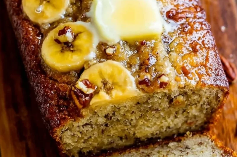 Delicious slices of world's best banana bread on a wooden table