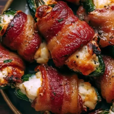 Bacon wrapped jalapeno poppers ready for serving on a platter.