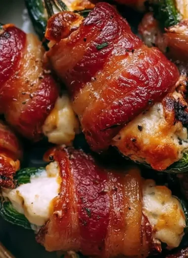 Bacon wrapped jalapeno poppers ready for serving on a platter.