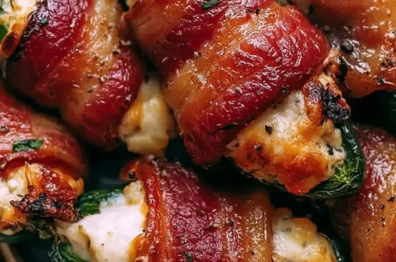 Bacon wrapped jalapeno poppers ready for serving on a platter.