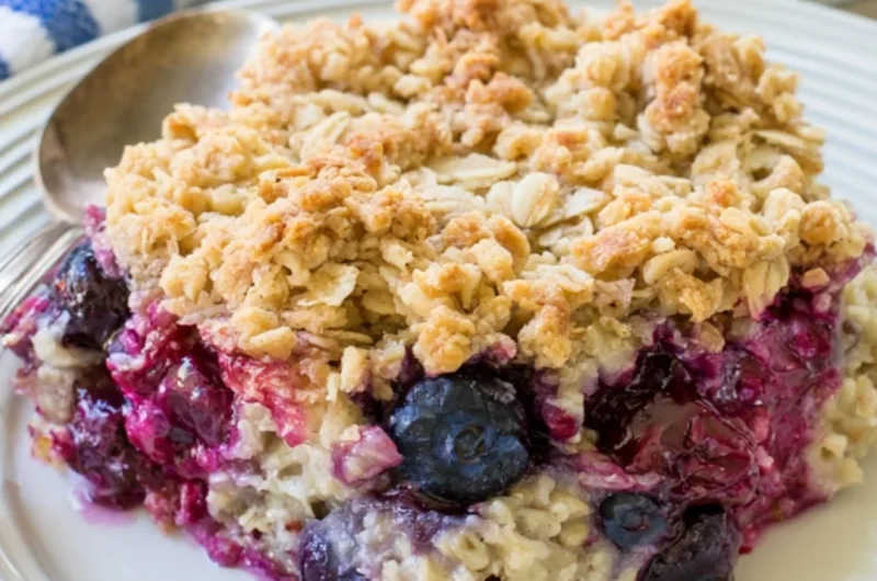 Bowl of blueberry baked oatmeal topped with fresh blueberries and almonds