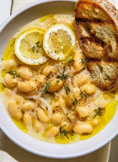 Bowl of brothy white beans garnished with Parmesan cheese and lemon slices