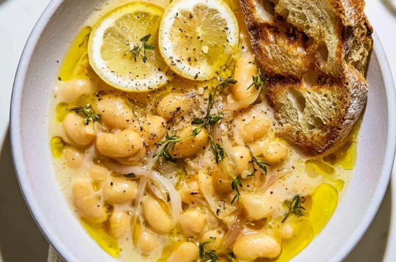 Bowl of brothy white beans garnished with Parmesan cheese and lemon slices