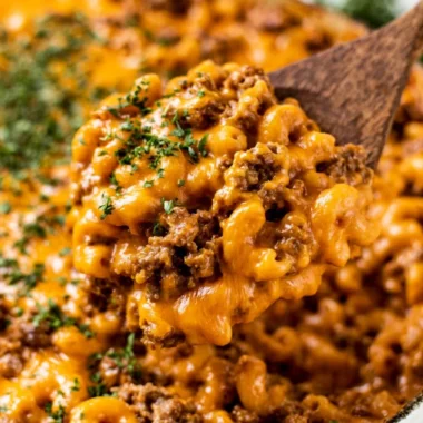 Delicious cheeseburger casserole with ground beef, cheese, and crispy toppings.