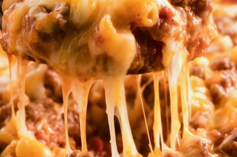 Cheeseburger casserole topped with melted cheese and fresh toppings