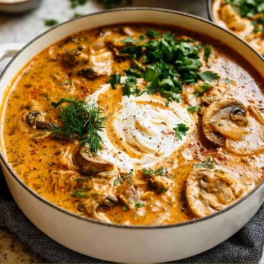Bowl of creamy Hungarian mushroom soup garnished with herbs and spices