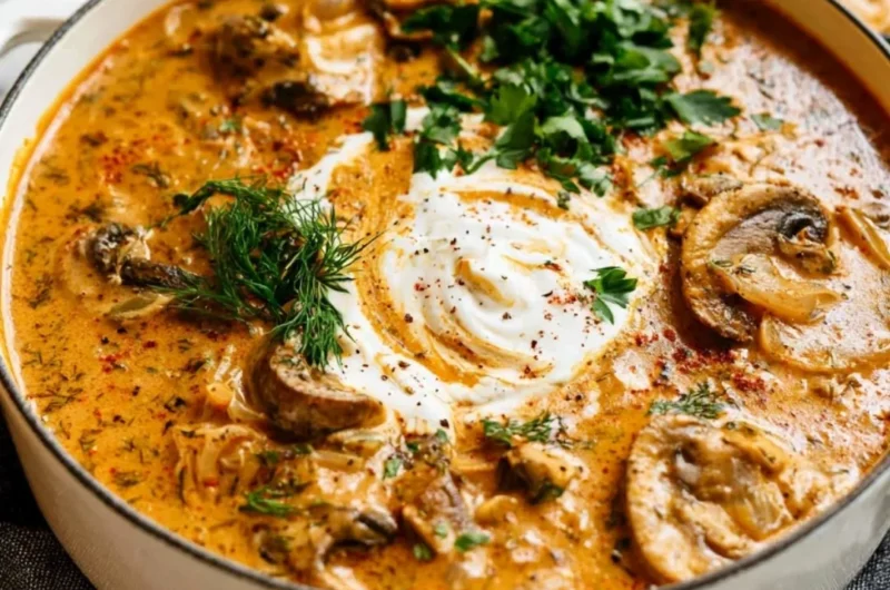 Bowl of creamy Hungarian mushroom soup garnished with herbs and spices