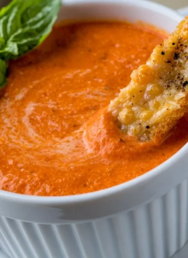 Creamy tomato soup served with Saltine crackers in a bowl