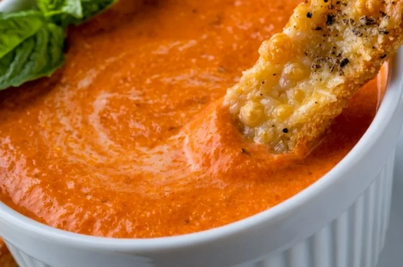 Creamy tomato soup served with Saltine crackers in a bowl