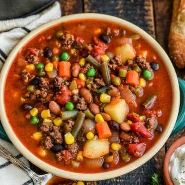 Bowl of delicious Crockpot Cowboy Soup with beans and vegetables