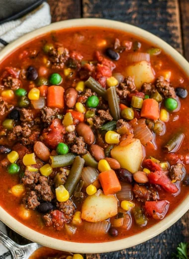 Bowl of delicious Crockpot Cowboy Soup with beans and vegetables