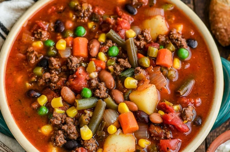 Bowl of delicious Crockpot Cowboy Soup with beans and vegetables