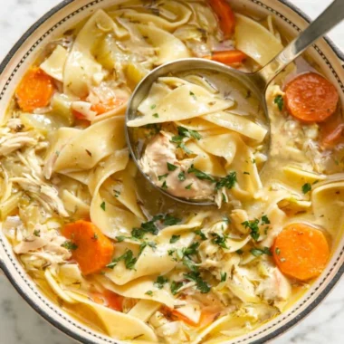 Bowl of easy chicken noodle soup with vegetables and noodles