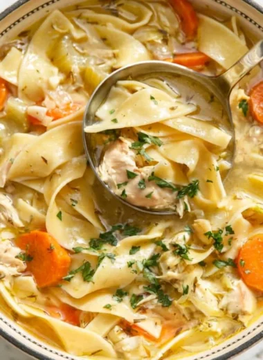 Bowl of easy chicken noodle soup with vegetables and noodles