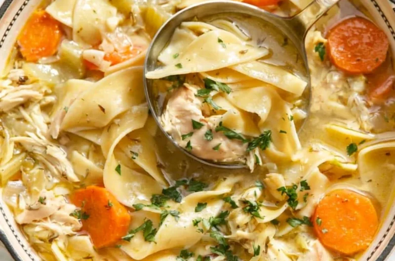 Bowl of easy chicken noodle soup with vegetables and noodles