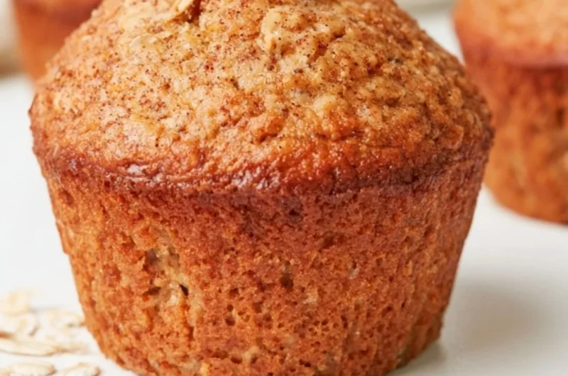 Baked healthy banana oatmeal muffins topped with oats and bananas.