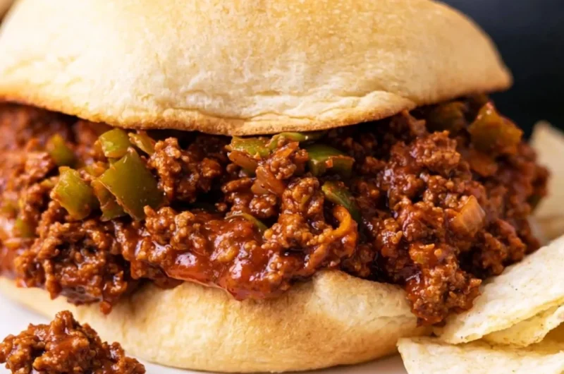 Delicious homemade sloppy joe sandwich served with pickles and fries.