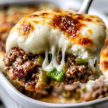 Low Carb Philly Cheesesteak Casserole in a baking dish topped with melted cheese